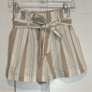 NWT Socialite Tan White Stripe Paperbag Tie Waist Pleated Cotton Shorts XS